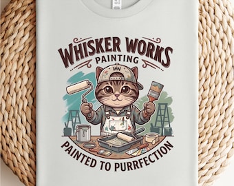 Camiseta de gato pintor / Camiseta de pintor de casas, Camiseta de pintura Whisker Works, Regalo para papá pintor, Pintado a la perfección