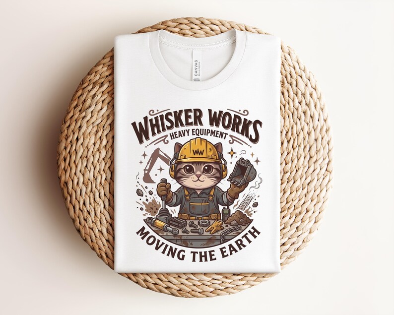 May include: White t-shirt featuring a cartoon cat wearing a construction hat and overalls. The text "Whisker Works Heavy Equipment Moving the Earth" is printed above and below the cat illustration. The shirt is folded on a woven, circular surface.