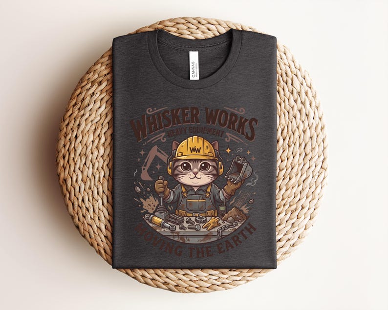 May include: Dark gray t-shirt featuring a cartoon cat wearing a yellow hard hat and overalls, holding tools. The shirt has the text "Whisker Works Heavy Equipment Moving the Earth" in brown and white.
