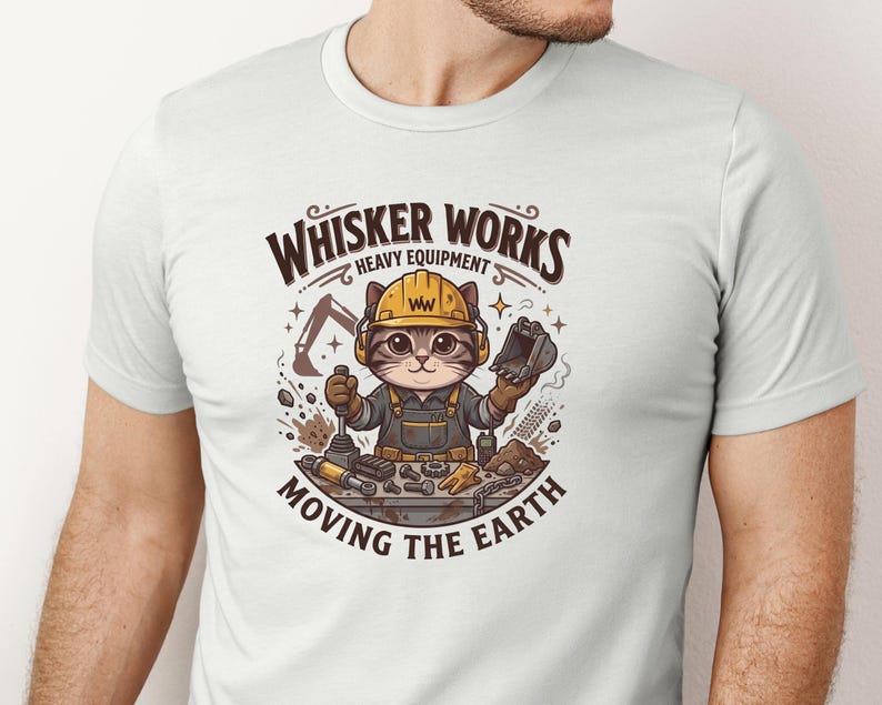 May include: White t-shirt featuring a cartoon cat wearing a yellow hard hat and overalls, holding construction tools. The shirt has the text "Whisker Works Heavy Equipment Moving the Earth" in brown lettering. The design includes an excavator and other construction elements.