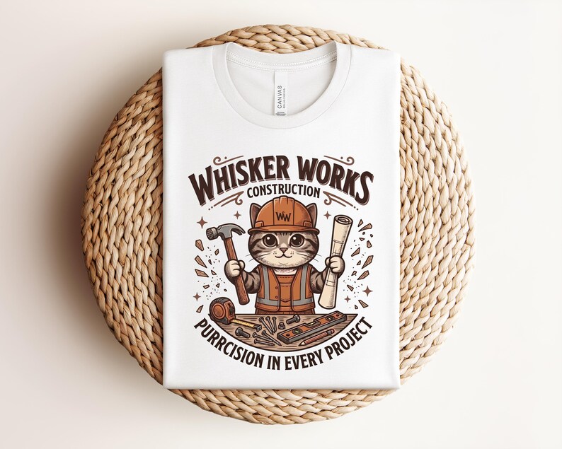 Puede incluir: Camiseta blanca con un gato de dibujos animados con casco y chaleco de construcci&oacute;n, sosteniendo un martillo y un plano. El texto dice "Whisker Works Construction" y "Purrcision in Every Project."