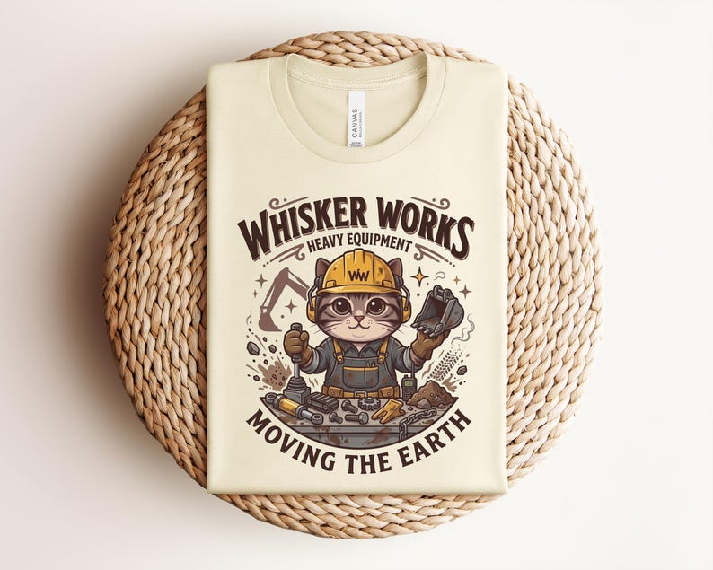 May include: Cream-colored t-shirt featuring a cartoon cat wearing a construction helmet and overalls. The text "Whisker Works Heavy Equipment Moving the Earth" is displayed above and below the cat illustration. The shirt is folded on a woven surface.