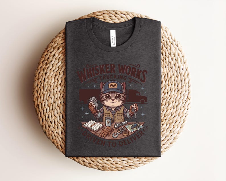 May include: Dark grey t-shirt featuring a cartoon cat trucker with a cap, microphone, and keys. The shirt displays the text "Whisker Works Trucking" and "Driven to Deliver". The design includes a truck and trucking-related items.