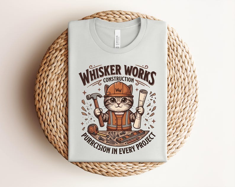 Puede incluir: Camiseta gris claro con un gato de dibujos animados con casco y chaleco de construcci&oacute;n, sosteniendo un martillo y un plano. El texto "Whisker Works Construction" y "Purrcision in Every Project" est&aacute; impreso en la camiseta.