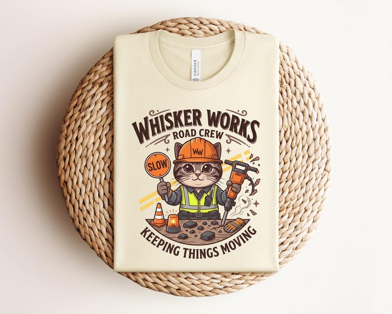 May include: A cream-coloured t-shirt with a cartoon cat dressed as a road worker. The cat holds a "SLOW" sign and a jackhammer. Text on the shirt reads "Whisker Works Road Crew" and "Keeping Things Moving."