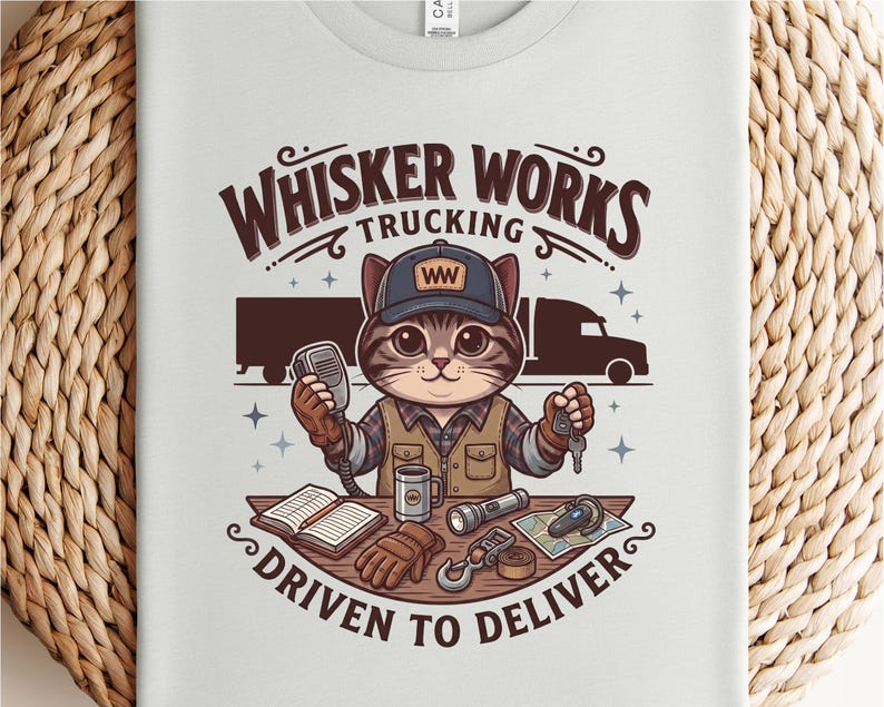 May include: A light grey t-shirt with a cartoon cat trucker design. The text reads "Whisker Works Trucking Driven to Deliver." The cat wears a cap and holds a microphone and keys. Other items include a mug, flashlight, and gloves.