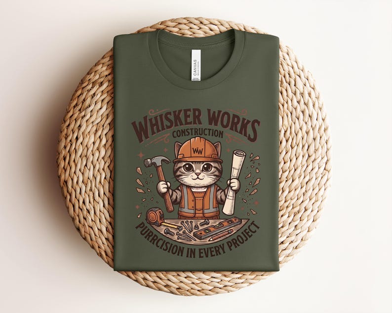 Puede incluir: Camiseta verde oliva con un gato de dibujos animados con ropa de trabajador de la construcci&oacute;n. El gato sostiene un martillo y un plano, con el texto "Whisker Works Construction" y "Purrcision in Every Project". El dise&ntilde;o incluye herramientas.