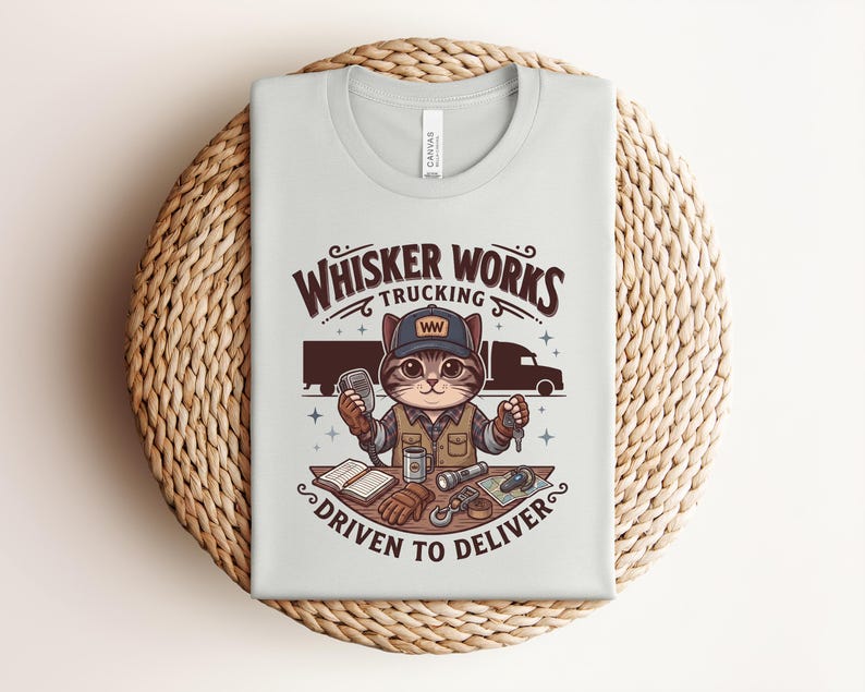 May include: A light grey t-shirt featuring the text "Whisker Works Trucking" and a cartoon cat in a trucker hat. The cat is holding a CB radio and keys. The phrase "Driven to Deliver" is also printed on the shirt.