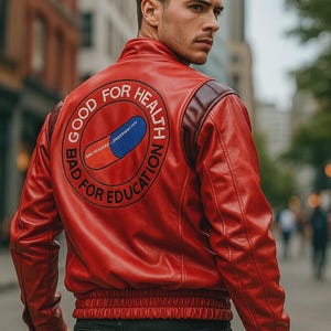 May include: A red leather jacket with a round graphic on the back that says "GOOD FOR HEALTH BAD FOR EDUCATION" around a pill design. The jacket has a ribbed waist and dark brown accents on the shoulders.