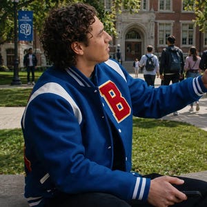 May include: A blue varsity jacket featuring white sleeves, white and blue striped ribbed cuffs, and a large letter B patch on the chest in red with a yellow outline. The jacket has a snap-button front closure and a classic collarless neckline.