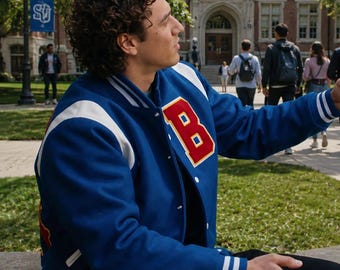 Off Campus Garrett Graham Blue Wool Leather Varsity Jacket, Briar Hockey Bomber Coat