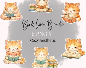 Gemütliche lesende Katze PNG Bundle | Aquarell Buchliebhaber Clipart (digitaler Download)
