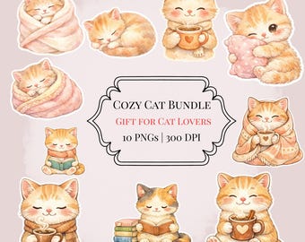 Gemütliche Katze PNG Bundle | Aquarell Kätzchen Clipart für T-Shirts (digitaler Download)