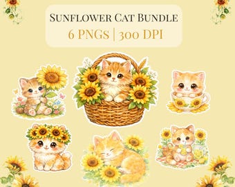 Aquarell Kätzchen Sonnenblume Clipart Bundle | Cottagecore Sommerkatzen (Digitaler Download)