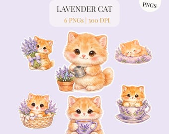Lavendel Katze Aquarell PNG Bündel | Kätzchen Clipart, Cottagecore Kunst (digitaler Download)