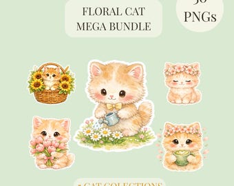 Aquarell Blumen Katze Clipart Bundle | 30 Kätzchen PNGs, Frühling Cottagecore Designs (Digitaler Download)