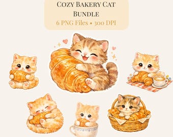 Aquarell-Bäckerei-Katzen-Clipart-Bundle, Kätzchen-Croissant PNG (Digitaler Download)