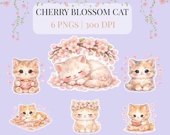 Aquarell Kirschblüten Katze PNG Bundle | Sakura Kätzchen Clipart (digitaler Download)