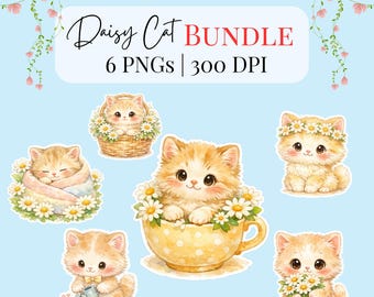 Aquarell Daisy Cat Clipart Bundle | Kawaii Kätzchen PNGs (Digitaler Download)