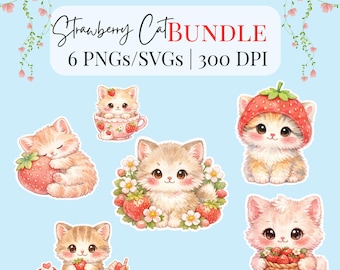 Erdbeere Katze Clipart Bundle | Aquarell Kätzchen PNG SVG (Digital Download)