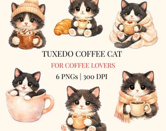 Tuxedo Katze Clipart | Gemütliche Aquarell Kätzchen - Kaffee-Liebhaber PNG (digitaler Download)
