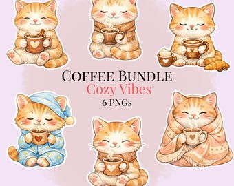Gemütliches Aquarell Katzenkaffee PNG Bundle | Cottagecore Kätzchen Clipart (digitaler Download)