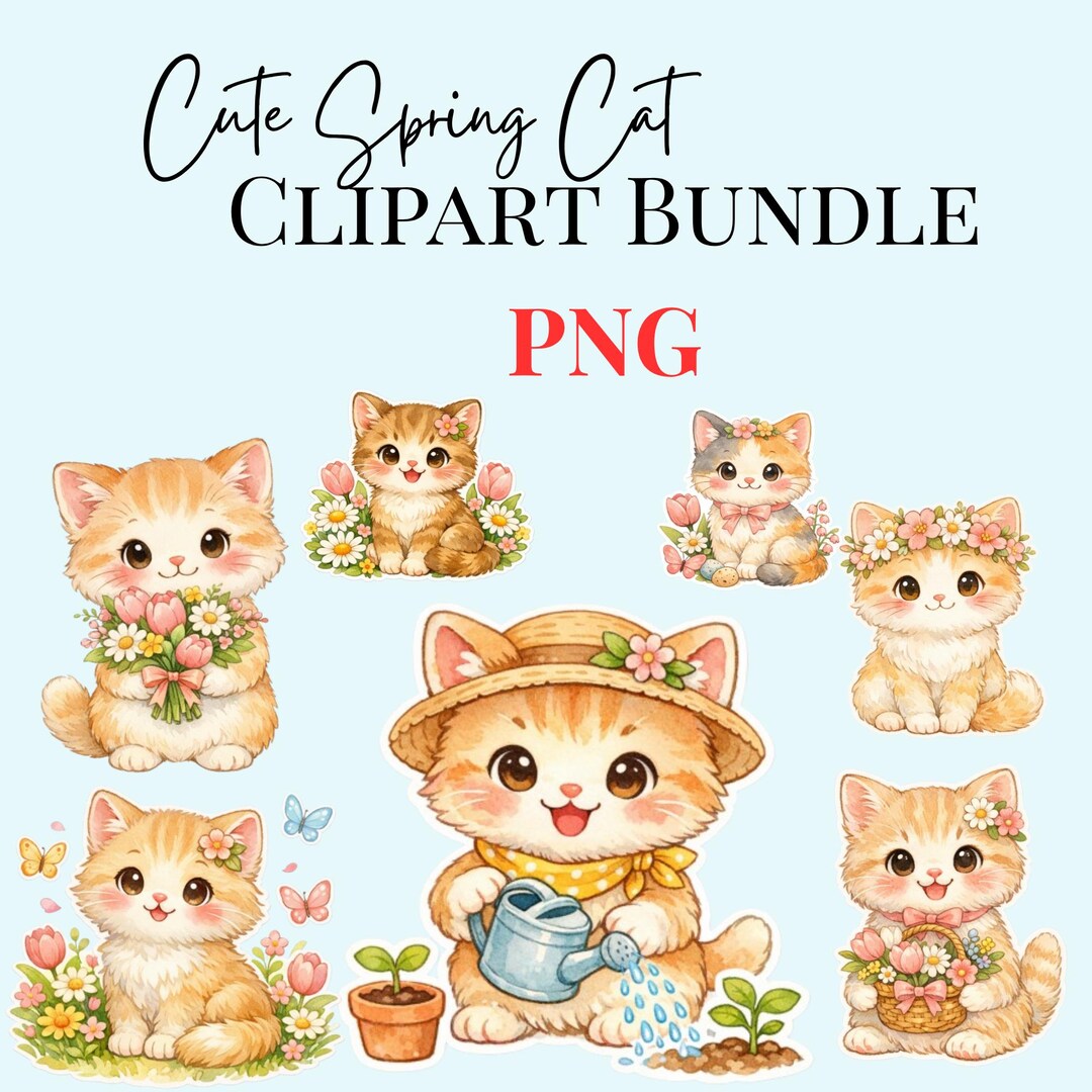 Spring Cat Clipart Bundle | Watercolor Floral Animals (digital Download ...