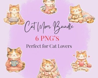 Gemütliche Aquarell Katzen | Cat Mom PNG-Bundle, 6 Designs (Digitaler Download)
