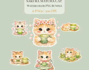 Sakura Matcha Katze Clipart | Aquarell Kätzchen Bundle (Digitaler Download)