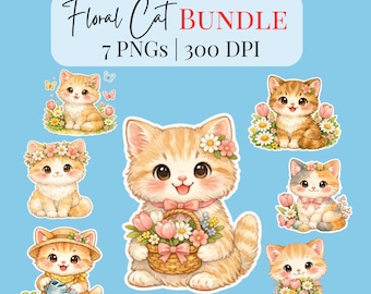 Blumen Katze Aquarell PNG Bündel | Kätzchen Clipart für Aufkleber, Sublimationsdruck (digitaler Download)