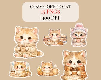 Gemütliches Kaffee Katze PNG Mega Bundle | Aquarell Cottagecore Kätzchen Clipart für Aufkleber & Sublimation