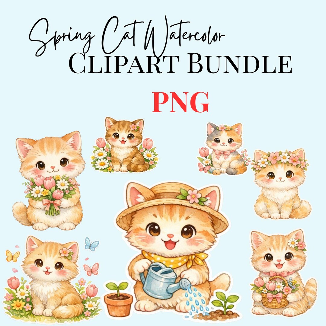 Spring Watercolor Cat Clipart Bundle | Floral Kitten PNG Designs ...