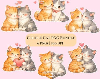 Paar Katzen PNG-Bundle | Romantisches Aquarell Kätzchen, Valentine Sublimationskunst (Digitaler Download)