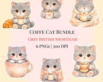 Kaffee-Liebhaber-Katze PNG-Bundle | Grau Britisch Kurzhaar Aquarell Clipart | Gemütliche Katze Digital Download
