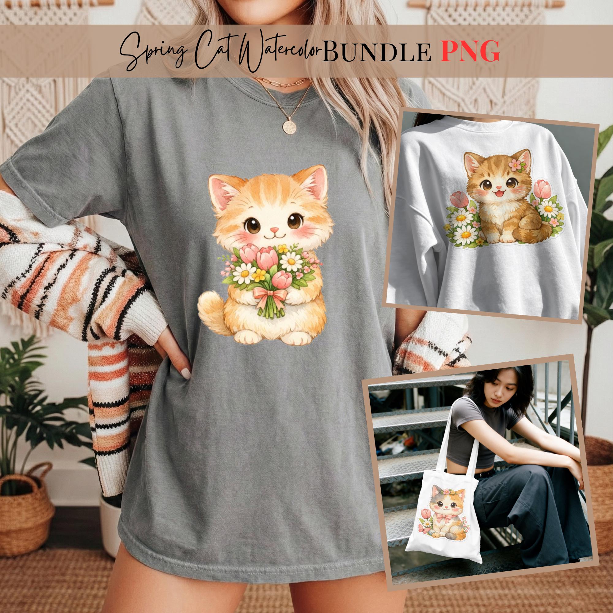 Spring Watercolor Cat Clipart Bundle | Floral Kitten PNG Designs ...