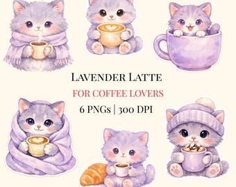 Gemütliches Aquarell Katze Clipart Bundle | Lavendel Kaffee Kätzchen (6 PNG Digital Download)