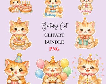 Geburtstag Katze Clipart Bundle | Aquarell Kätzchen PNG Designs (Digital Download)