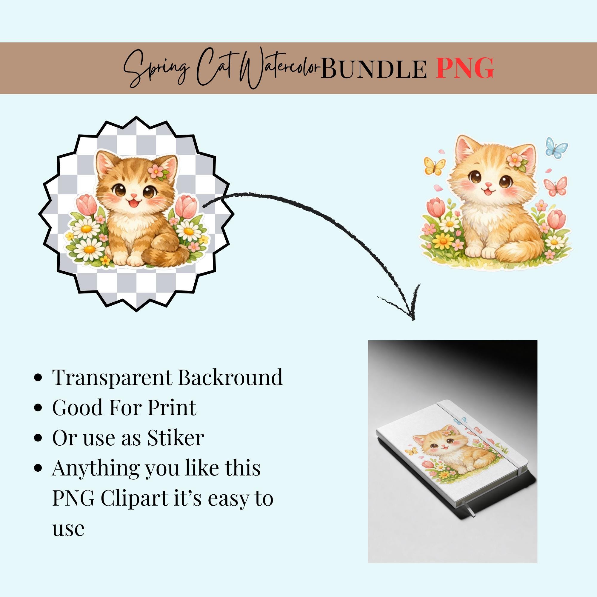 Spring Watercolor Cat Clipart Bundle | Floral Kitten PNG Designs ...