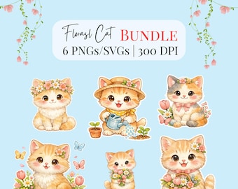 Floral Katze Aquarell Clipart Bundle | Frühlings Kätzchen PNG Designs (Digitaler Download)