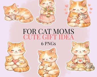 Aquarell Katzenmama PNG-Bundle | Cozy Cat Lover Clipart (6 Dateien)