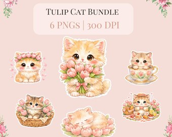 Aquarell Tulpe Katze Clipart Bundle | Kätzchen Blumen Frühling PNG (Digital Download)