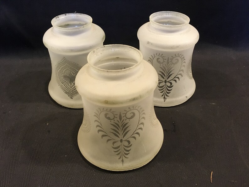 1499 Set Of Three Antique 2 1 4 Fitter Etched Glass Lamp Shade Victorian Style C1910