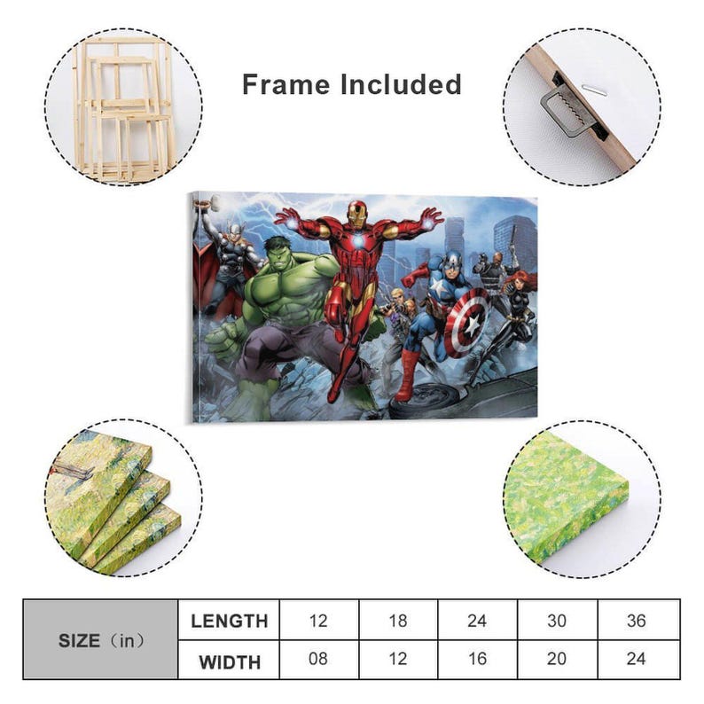 May include: A canvas print featuring a group of superheroes, including Iron Man, Hulk, and Captain America. The artwork is vibrant with a cityscape background. The frame is included. Available sizes range from 12x8 inches to 36x24 inches.