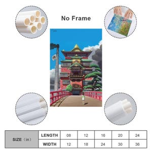 May include: A colorful print of a Japanese-style building with a red bridge and a blue sky. The print is labeled "No Frame" and includes the text "GAMING COLLECTIBLES". The size chart shows lengths from 8 to 24 inches and widths from 12 to 36 inches.