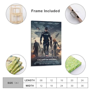 Puede incluir: Una impresi&oacute;n en lienzo enmarcada de la pel&iacute;cula "Capit&aacute;n Am&eacute;rica: El Soldado de Invierno". El p&oacute;ster presenta al Capit&aacute;n Am&eacute;rica, Viuda Negra y otros personajes. La impresi&oacute;n incluye el texto "Frame Included" y opciones de tama&ntilde;o.