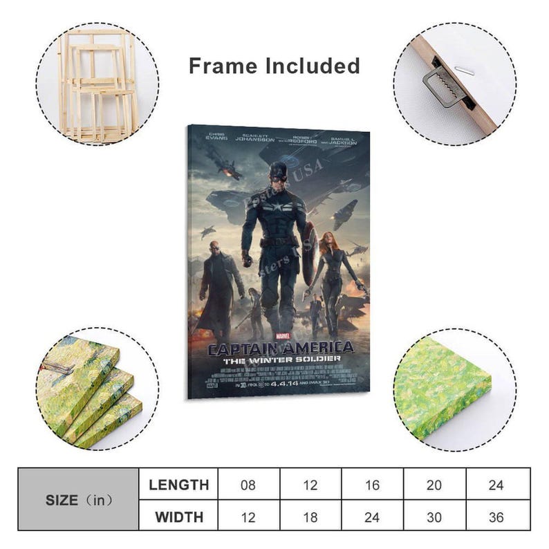 Puede incluir: Una impresi&oacute;n en lienzo enmarcada de la pel&iacute;cula "Capit&aacute;n Am&eacute;rica: El Soldado de Invierno". El p&oacute;ster presenta al Capit&aacute;n Am&eacute;rica, Viuda Negra y otros personajes. La impresi&oacute;n incluye el texto "Frame Included" y opciones de tama&ntilde;o.