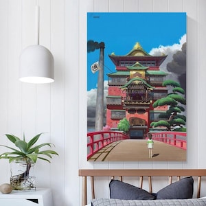 May include: A colorful anime-style print featuring a large, ornate building with a red facade, green roof, and gold accents. A red bridge leads to the building, with a young person standing on it. The sky is blue with clouds, and the print has the text "GAMING COLLECTIBLES".