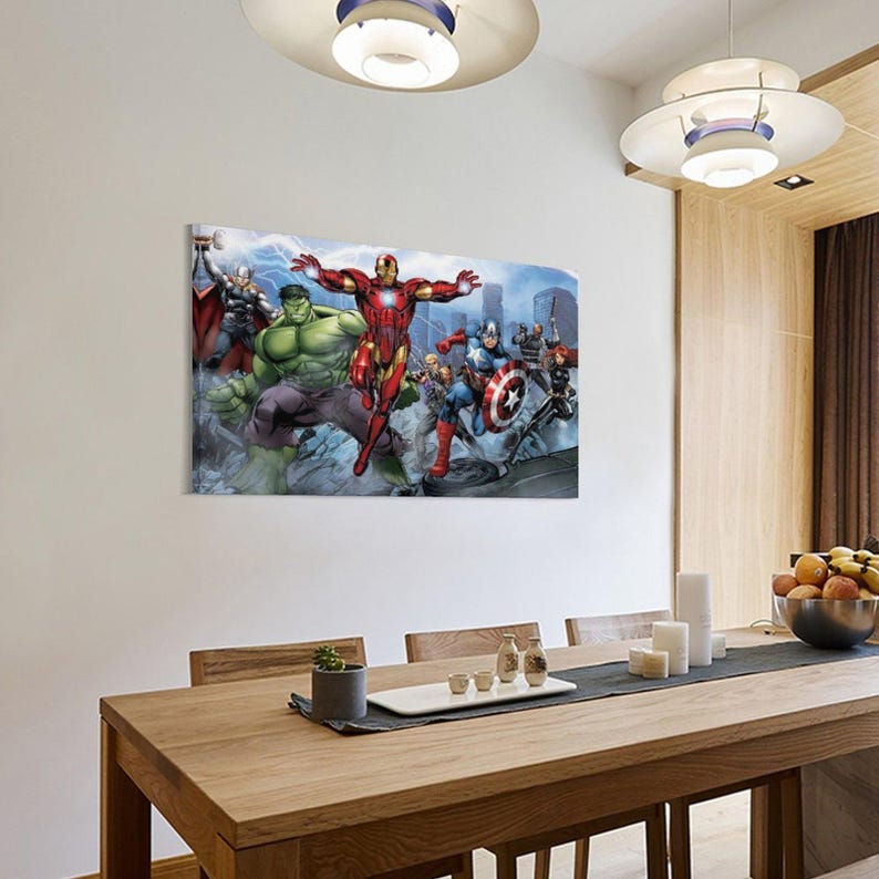 May include: A rectangular canvas print featuring a group of comic book superheroes. The characters include Iron Man, Hulk, Thor, Captain America, and Black Widow. The artwork is set against a cityscape backdrop with a dynamic, action-oriented composition.