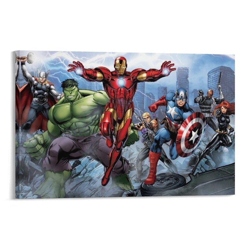 May include: A canvas print featuring a group of superheroes, including Iron Man, Captain America, Hulk, Thor, and Black Widow. The artwork has a comic book style with vibrant colors and dynamic poses, set against a cityscape backdrop.