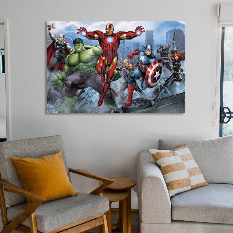 May include: A canvas print featuring a group of comic book superheroes, including Iron Man, Hulk, Captain America, and Thor. The artwork depicts the characters in action against a cityscape backdrop, with vibrant colors and dynamic poses.